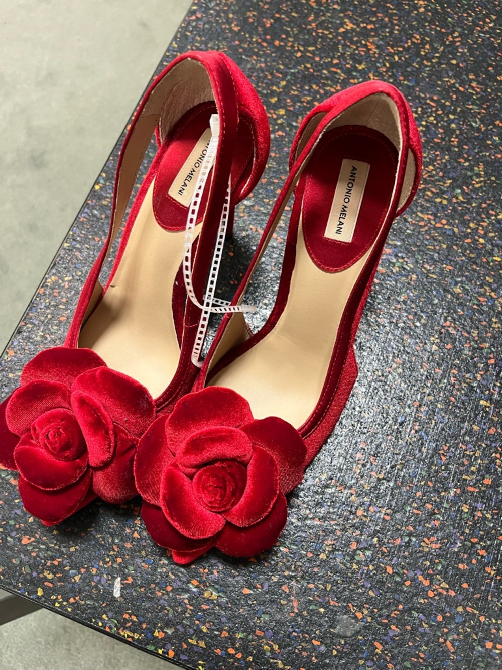 ANTONIO MELANI Red Velvet Floral D'Orsay Heels